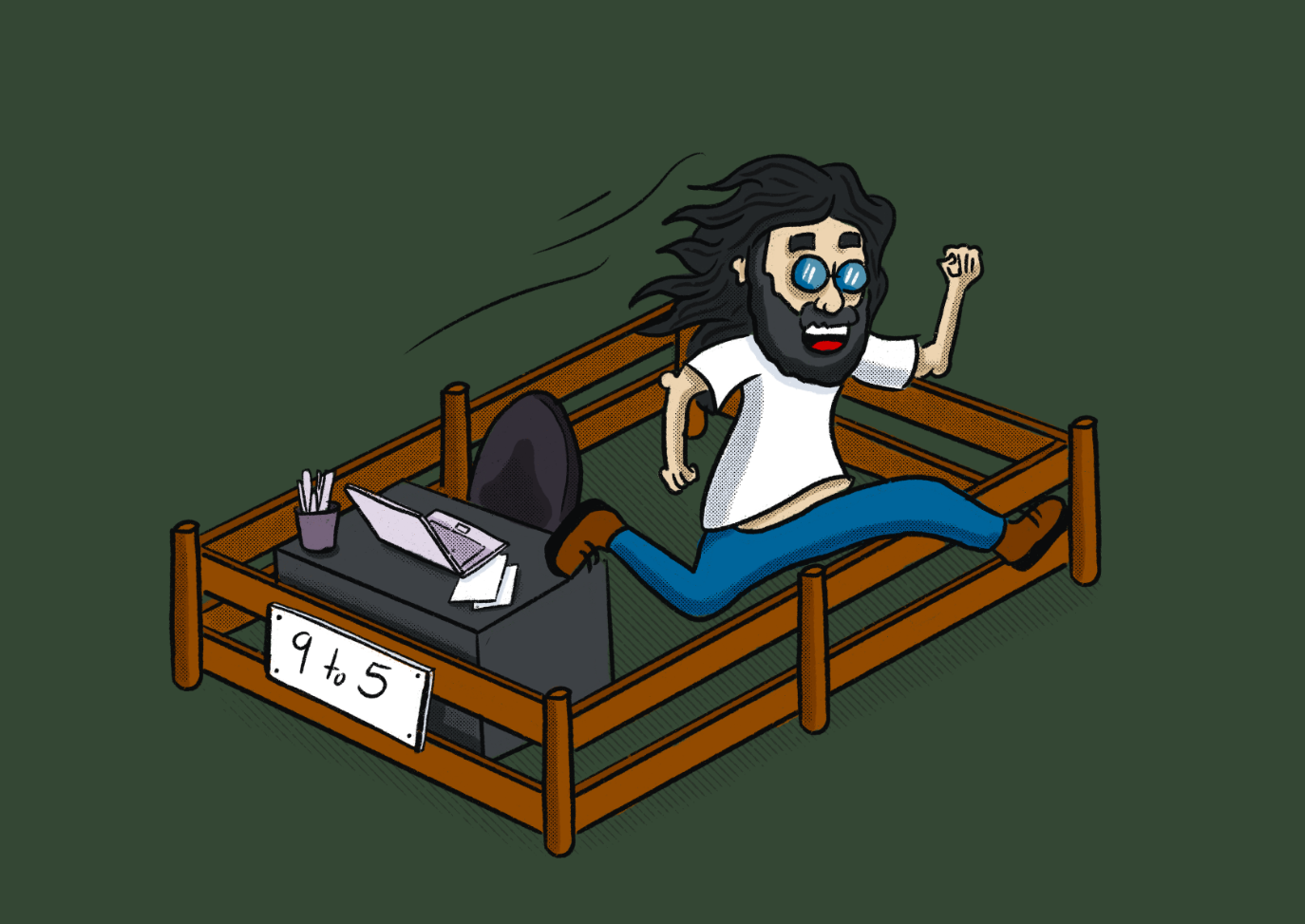 illustration man running from desk